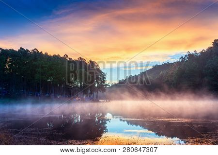 Beautiful Morning At Pang Ung Lake, Pang Ung Mae Hong Son Province In Thailand.