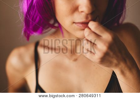 Beautiful Woman With Beauty Face Applying Lip Balsam, Lipbalm On Full Sexy Lips. Portrait Of Sexy Fe