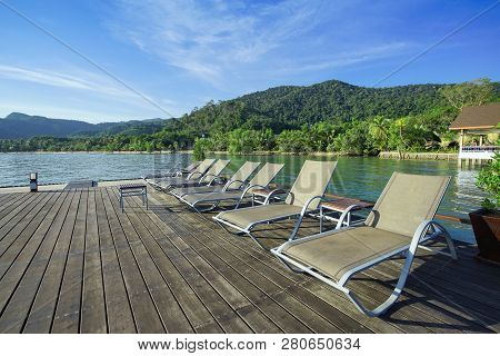 Beach Chair With Island Background, Koh Chang, Trad Province, Thailand.