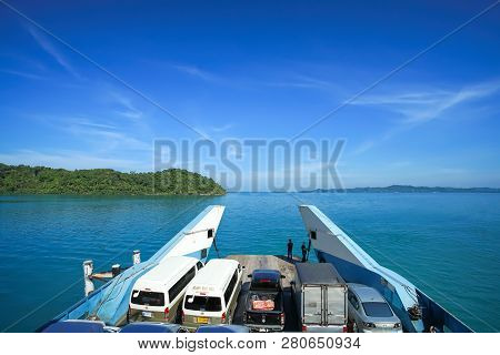 Trad, Thailand - December 04, 2018: A Lot Of Cars On Ferry Boat To The Popular Travel Destination Ko