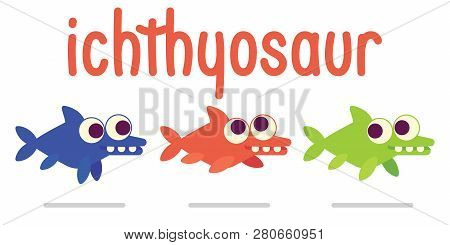 Cute Ichthyosaur Swimming. Dinosaur Life. Vector Illustration Of Prehistoric Character In Flat Carto