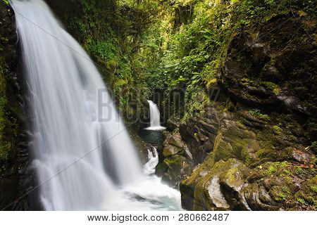 Tropical Paradise In Costa Rica. The Waterfalls Of Lapaz