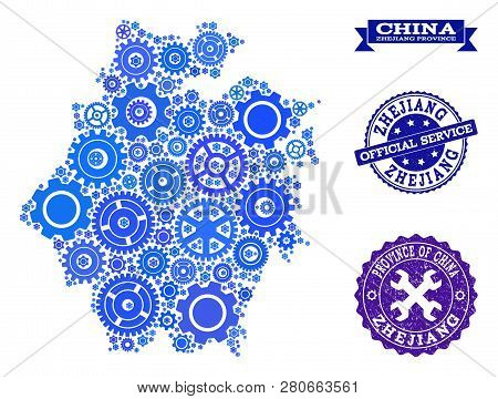 Map Of Zhejiang Province Created With Blue Wheel Symbols, And Isolated Rubber Seals For Official Rep