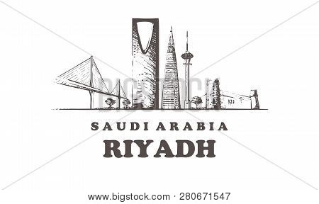 Riyadh Skyline, Riyadh Vintage Vector Illustration, Hand Drawn Buildings.