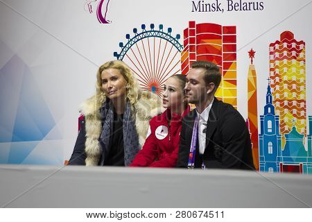 Belarus, Minsk, January 25, 2019. Minsk Arena. European Belarus, Minsk, January 25, 2019. Minsk Arena. European Figure Skating Championship.Trainer Etere Tutberidze Alina Zagitova, her choreographer awaits ratings