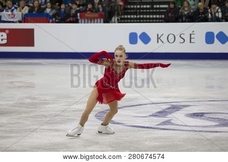 Belarus, Minsk, January 25, 2019. Minsk Arena. European Figure Skating Championship.Bronze medalist figure skater Viveca Lindfors