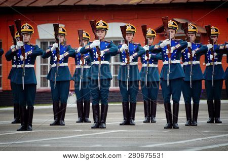 Moscow, Russia-june 12, 2018.presidential Regiment Soldiers Marching And Practicing To Shoot