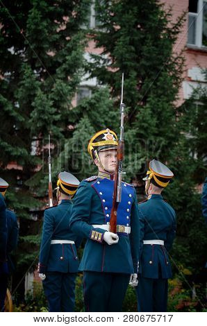 Moscow, Russia-june 12, 2018.presidential Regiment Soldiers Marching And Practicing To Shoot