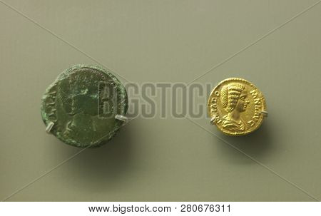 Merida, Spain - August 25th, 2018: Julia Domna Empress Consort Roman Empire Coins,  National Museum 