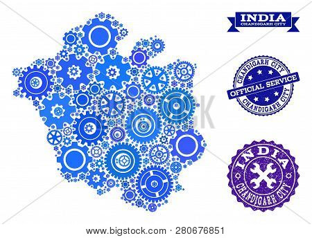 Map Of Chandigarh City Designed With Blue Gear Symbols, And Isolated Scratched Watermarks For Offici