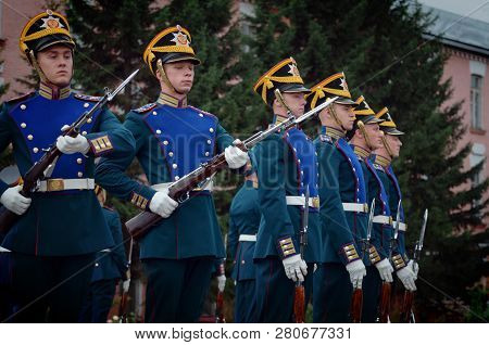 Moscow, Russia-june 12, 2018.presidential Regiment Soldiers Marching And Practicing To Shoot
