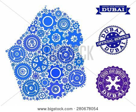 Map Of Dubai Emirate Designed With Blue Gear Symbols, And Isolated Rubber Seals For Official Repair 