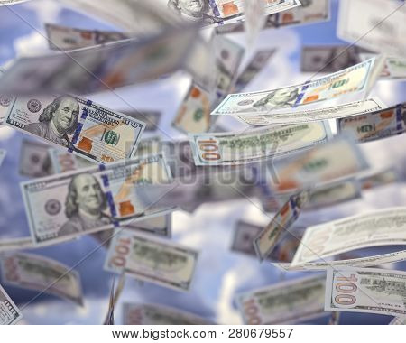 Raining Money From The Sky, American Dollar Bills Falling Everywhere. Concept Of Wealth, Making Easy