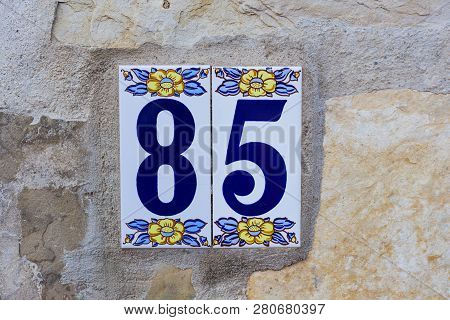 Enamel Ceramic House Number Eighty Five Close-up