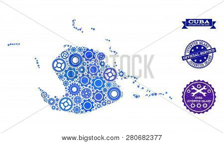 Map Of Juventud Island Composed With Blue Cog Symbols, And Isolated Scratched Seals For Official Rep
