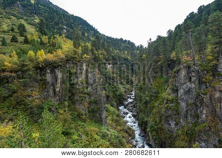 Mountain River And Trees Landscape. Kaunertaler Gletscher Natural Environment. Hiking In The Alps, K
