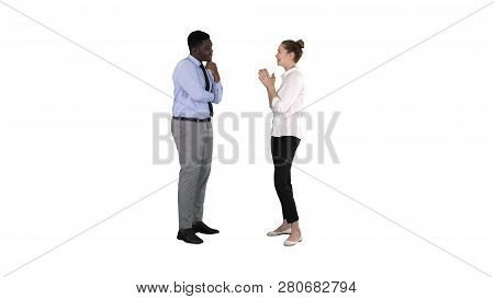 Business Woman Giving Some Ideas To Her Boss On White Background.