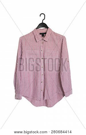 Pink Stried Shirt Hanging On A Hanger. Fashionable Wardrobe. Isolate On White Background