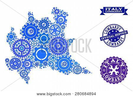 Map Of Lombardy Region Formed With Blue Cog Symbols, And Isolated Rubber Stamps For Official Repair 