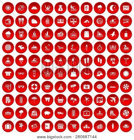 100 Seaside Resort Icons Set In Red Circle Isolated On White Illustration