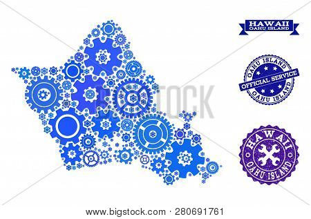 Map Of Oahu Island Created With Blue Wheel Symbols, And Isolated Scratched Seals For Official Repair
