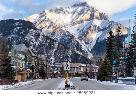 Banff, Alberta Canada - Jan 21, 2019: View Of Downtown Banff National Park, A Unesco World Heritage 