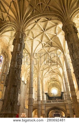 Lisbon, Portugal, June 16, 2018: Detail Of The Inside Of The Jeronimos Monastery Or Abbey In Lisbon,