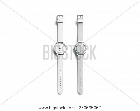 Blank White Watch Wristlet Mockup, Isolated, Front And Back Side, 3d Rendering. Empty Clockface With
