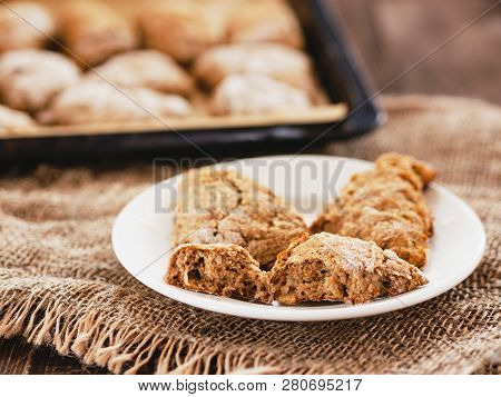 Homemade Rye Skones. Scones With Rye Flour On Plate, Over Rustic Sackcloth Background. Copy Space Fo