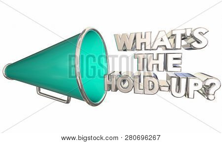 Whats the Hold-Up Bullhorn Megaphone Words Question 3d Illustration