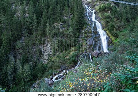 Mountain River And Trees Landscape, Natural Environment. Hiking In The Alps. Oetztal Valley Mountain