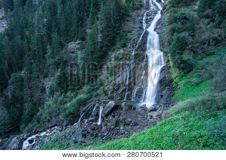 Mountain River And Trees Landscape, Natural Environment. Hiking In The Alps. Oetztal Valley Mountain