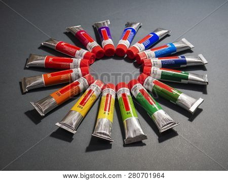 Many Multicolored Tubes With Watercolors Rainbow Colour