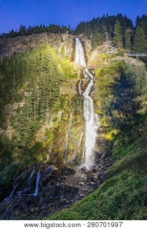Mountain River And Trees Landscape, Natural Environment. Hiking In The Alps. Oetztal Valley Mountain