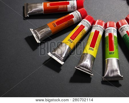 Many Multicolored Tubes With Watercolors Rainbow Colour