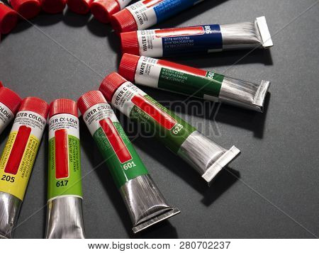 Many Multicolored Tubes With Watercolors Rainbow Colour