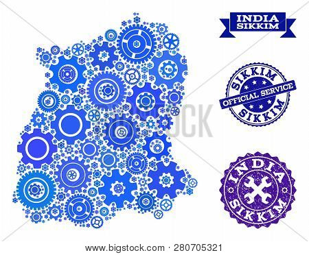 Map Of Sikkim State Designed With Blue Gear Symbols, And Isolated Scratched Watermarks For Official 