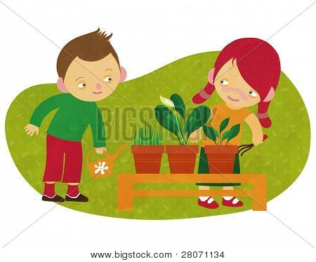 Two chhildren gardening together