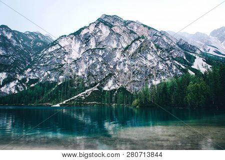 Beautiful View Of Lago Di Braies Or Pragser Wildsee, Trentino Alto Adidge, Dolomites Mountains, Ital