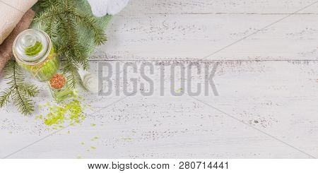 Natural Cosmetic Oil, Sea Salt And Organic Facial Mask With Coniferous Extract On White Rustic Woode