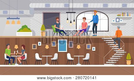 European Restaurant Interior. People Eating Business Lunch Menu. Cool Modern Space With Louge Inside