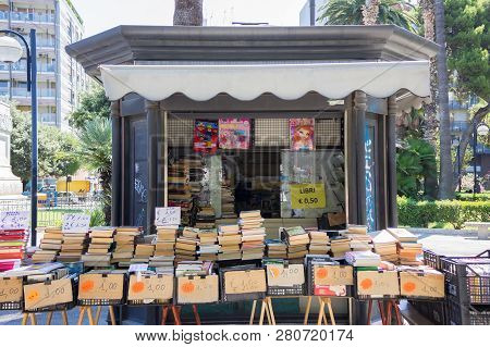 Bari, Italy - July 11, 2018, Book Stand With Used Books On The Street, In Front Of University Of Bar