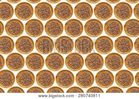 Unpeeled Almonds Badam In A Wooden Pine Plate On A White Isolated Background. Row Of Bowls With Almo