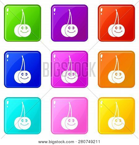 Ripe Smiling Cherry Icons Of 9 Color Set Isolated Illustration