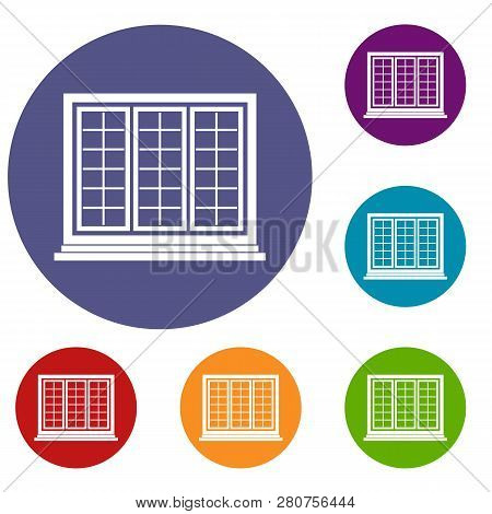 Wooden Tricuspid Window Icons Set In Flat Circle Red, Blue And Green Color For Web