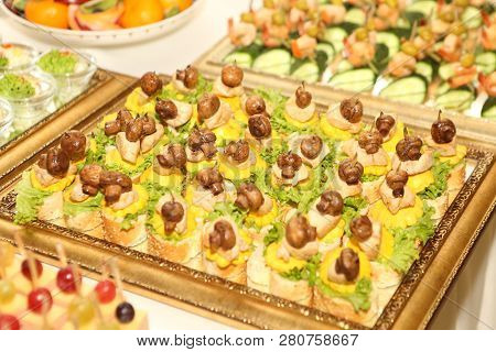 Canape With Chicken And Mushrooms. Snack Of Bread, Mushrooms And Skew Merciless
