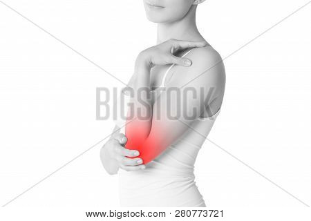 Woman With Pain In Elbow, Joint Inflammation Isolated On White Background, Painful Area Highlighted 