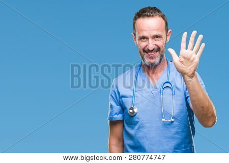 Middle age hoary senior doctor man wearing medical uniform over isolated background showing and pointing up with fingers number five while smiling confident and happy.