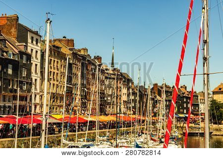 Hondleur, France - 2019.spectacular Famous Harbor In Normandy, Honfleur Skyline And Water With Boats