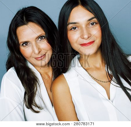 Cute Pretty Teen Daughter With Mature Mother Hugging, Fashion Style Brunette, Lifestyle People Conce
